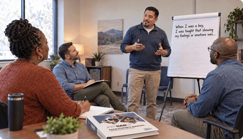 A facilitator leads a small group discussion beside a flip chart reading "When I was a boy, I was taught that showing my feelings or emotions was…" with a 24:7 Dad Facilitator's Manual on the table