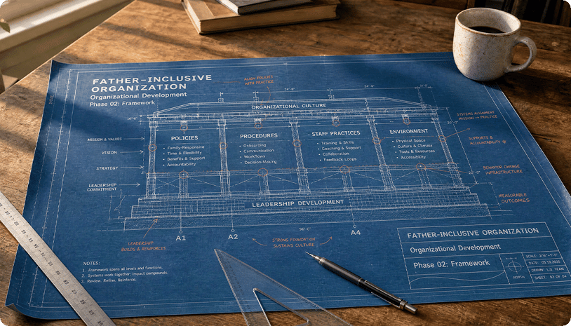 Blueprint titled Father-Inclusive Organization: Organizational Development laid out on a desk