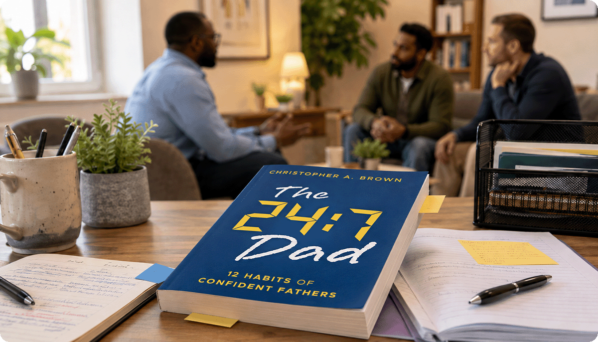 The 24:7 Dad: 12 Habits of Confident Fathers lying on a desk with sticky notes, open notebooks, and pens, as three men talk in the background
