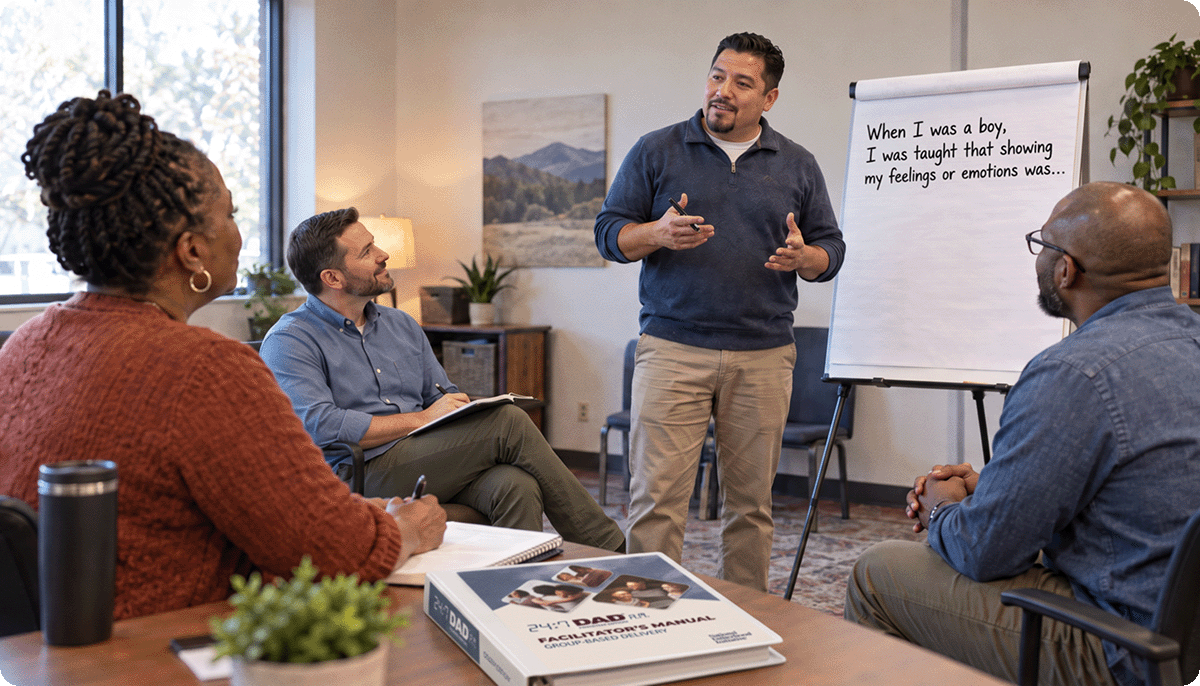 A facilitator leads a small group discussion beside a flip chart, with a 24:7 Dad Facilitator's Manual on the table